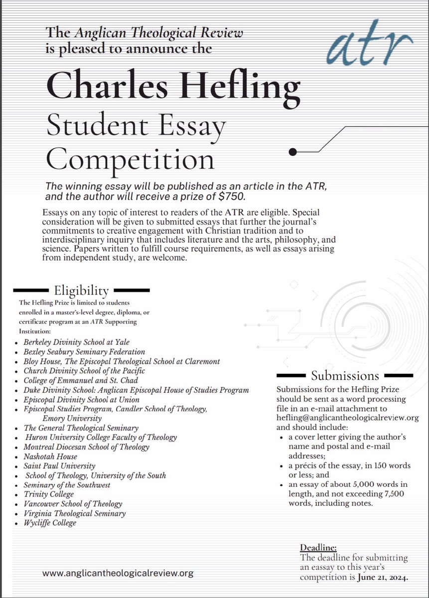 ATReview1918's tweet photo. A reminder regarding our 2024 Charles Hefling Essay Contest:

#Anglican #Episcopal #Theology https://t.co/482IHxkmPz