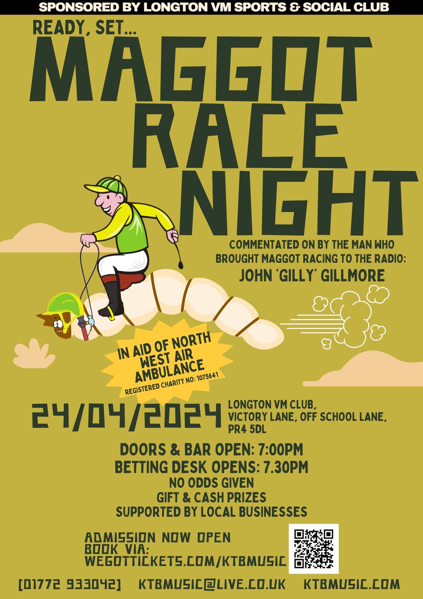 If you enjoyed maggot racing on my radio programme why not come along and see it live next Wednesday at Longton VM Club PR4 5DL with @ktbmusic in aid of @NWAmbulance I can promise you a great night out Come along and have fun!