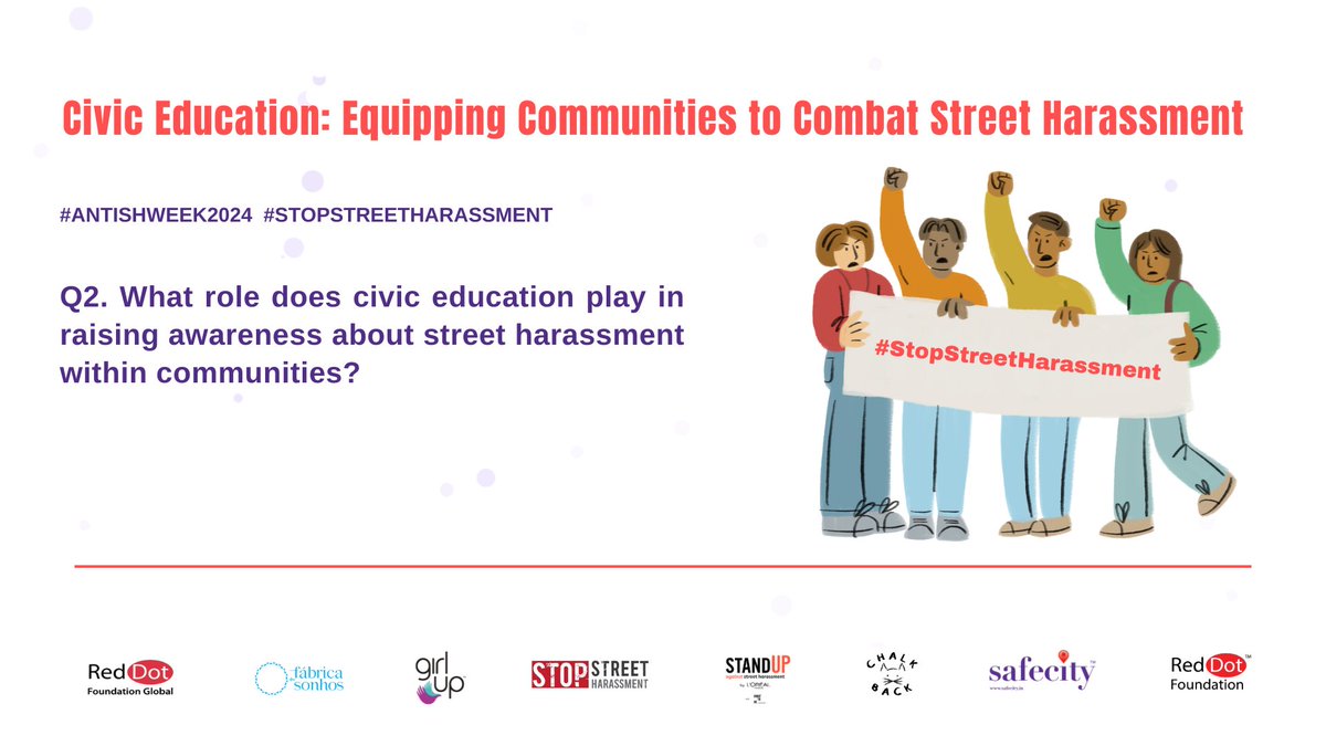 2. What role does civic education play in raising awareness about street harassment within communities?

- You can tweet your answers with the question number (e.g. A1, A2, A3) 
- Use the hashtag #AntiSHWeek2024

#Safecity #RedDotFoundation