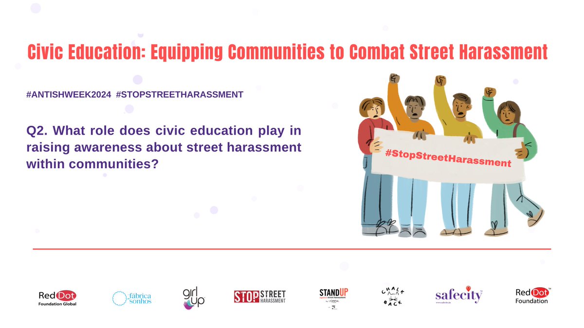 TheSafecityApp's tweet photo. 2. What role does civic education play in raising awareness about street harassment within communities?
- You can tweet your answers with the question number (e.g. A1, A2, A3)
- Use the hashtag #AntiSHWeek2024
#Safecity #RedDotFoundation https://t.co/ZFd1wj9bdf