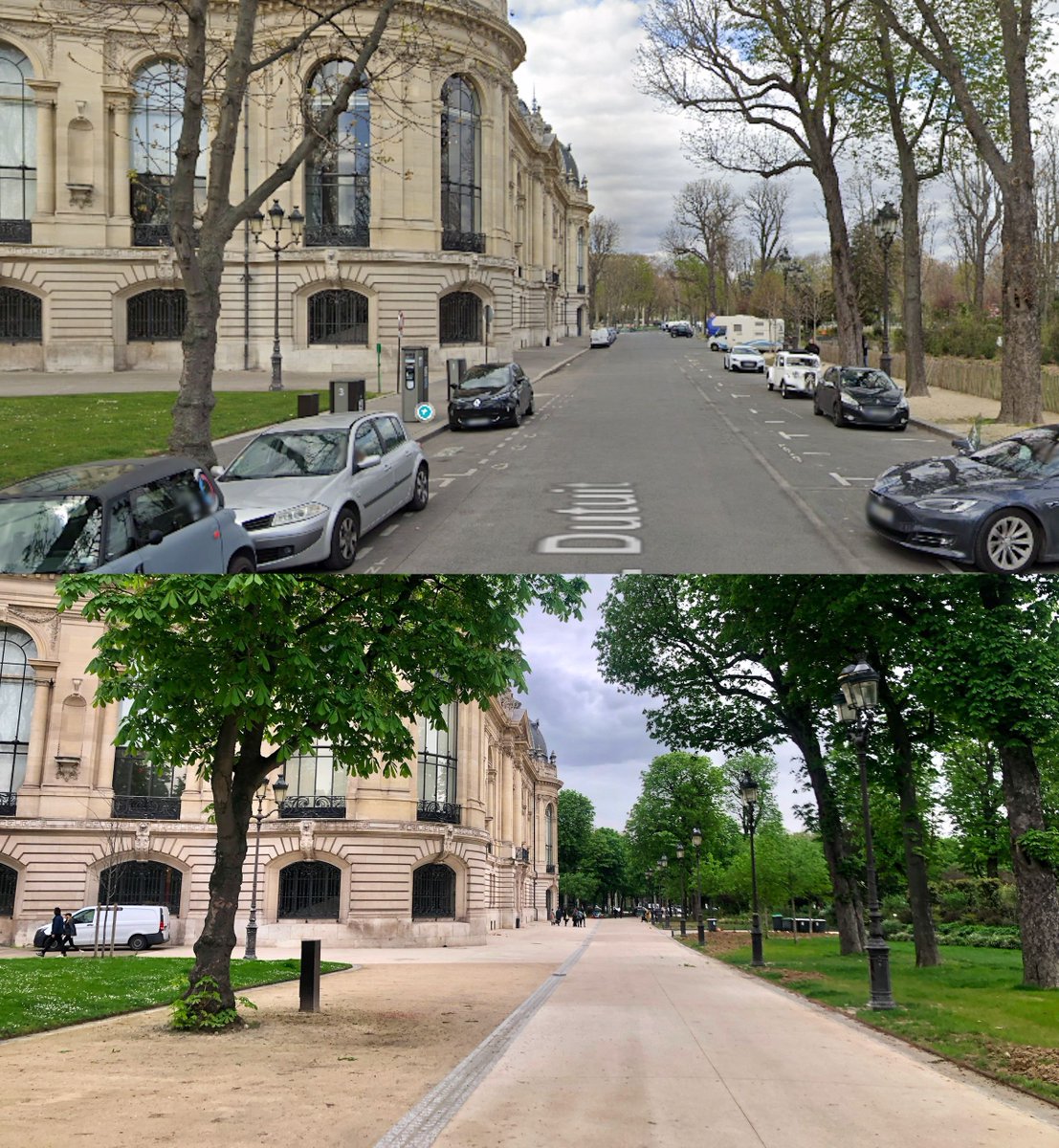 Avant / Après la piétonnisation de l'Avenue Dutuit dans le 8ème arrondissement de Paris. Avant cette avenue était surtout un parking derrière le Petit Palais.