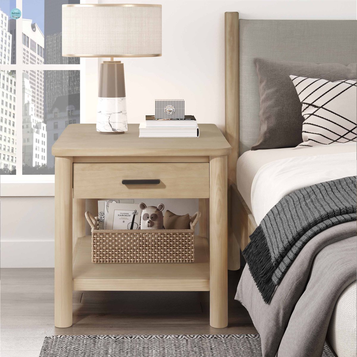 Introducing the Bloomfield collection: where soft curves meet 80's chic. This nightstand is the perfect blend of nostalgia and modernity, with its rounded corners, tubular legs, and sleek black handles.  #newpacificdirect #Bedroomfurniture#newpacificdirect #Bedroomfurniture