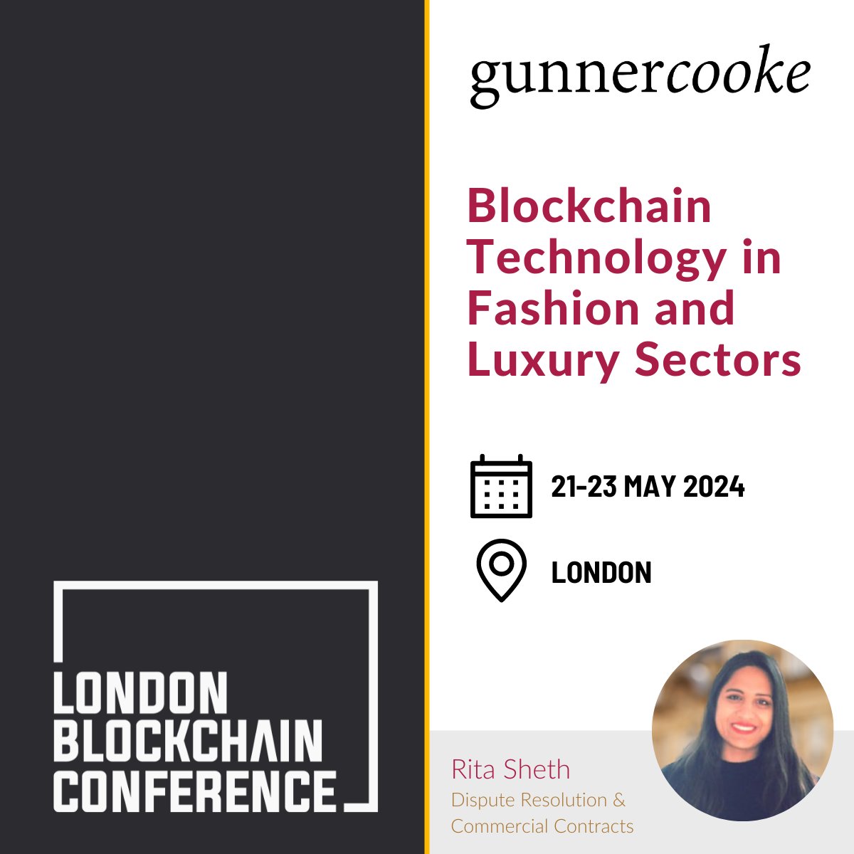 Rita Sheth, gunnercooke Partner, and fashion tech entrepreneur, will be speaking at the London Blockchain Conference in May. She'll discuss blockchain's applications in fashion and luxury, focusing on transparency, transaction authentication, and NFTs. bit.ly/4aY6N5c