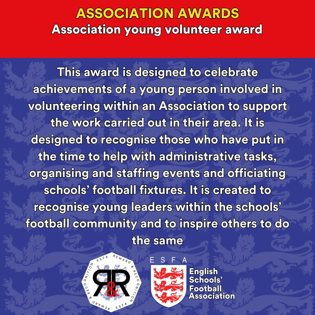 SchoolsFootball's tweet image. 💥Young Volunteer Award💥

Vote will close next Friday at 5pm and winners will be announced on Saturday 15 June at our R&amp;amp;R Awards event

Vote now 👇
🔗 loom.ly/LaxHMX8
🔴🔵⚪