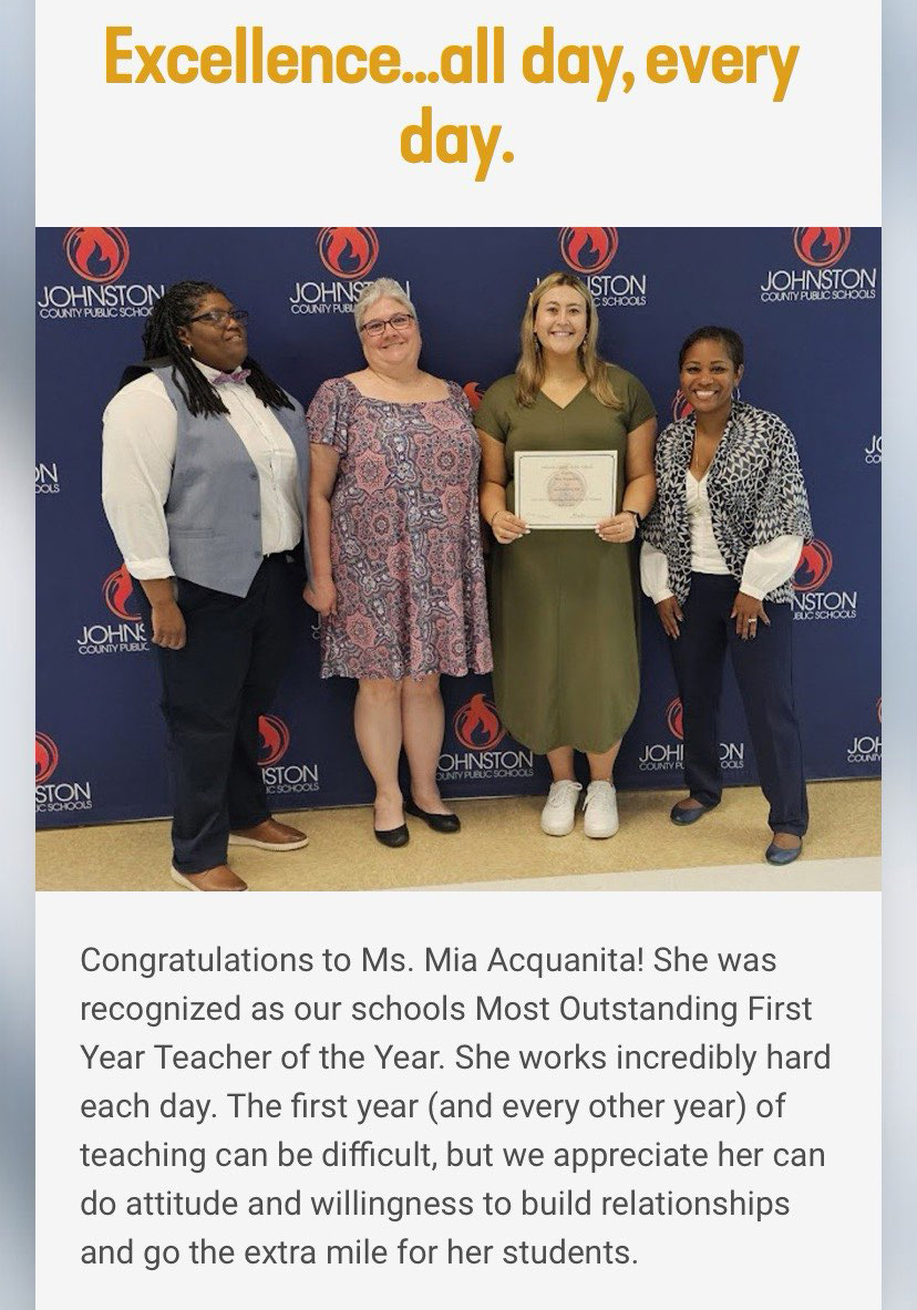 Mia Acquanita ’23 has been named Rookie Teacher of the Year at Smithfield-Selma High School in Johnston County. Congratulations!