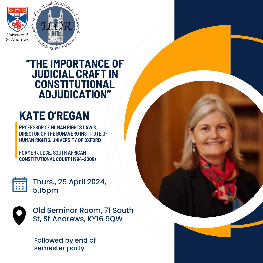 Join us for the ILCR Lecture by Kate O’Regan (Oxford) on “The Importance of Judicial Craft in Constitutional Adjudication.”
🕒Thurs., 25 April, 5.15pm
📍Old Seminar Rm, Mediaeval History Building, 71 South St. Plus, catch the 'My Life in Law' interview with Kate at 1.15pm.