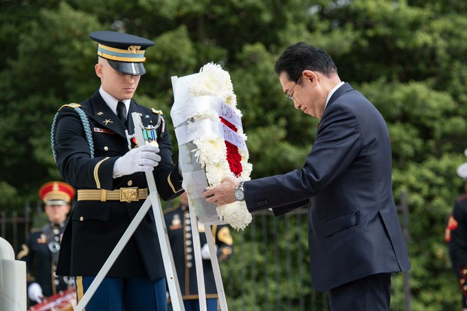 Japanese Prime Minister Fumio Kishida participates in an Armed Forces Full Honors Wreath-Laying Ceremony at the Tomb of the Unknown Soldier at Arlington National Cemetery, Arlington, Virginia, April 9, 2024