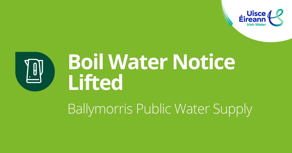 Following consultation with the Health Service Executive, we can confirm that the Boil Water Notice on the Ballymorris Public Water Supply has been lifted with immediate effect and water is safe to drink. See wtr.ie/4mwita for more.