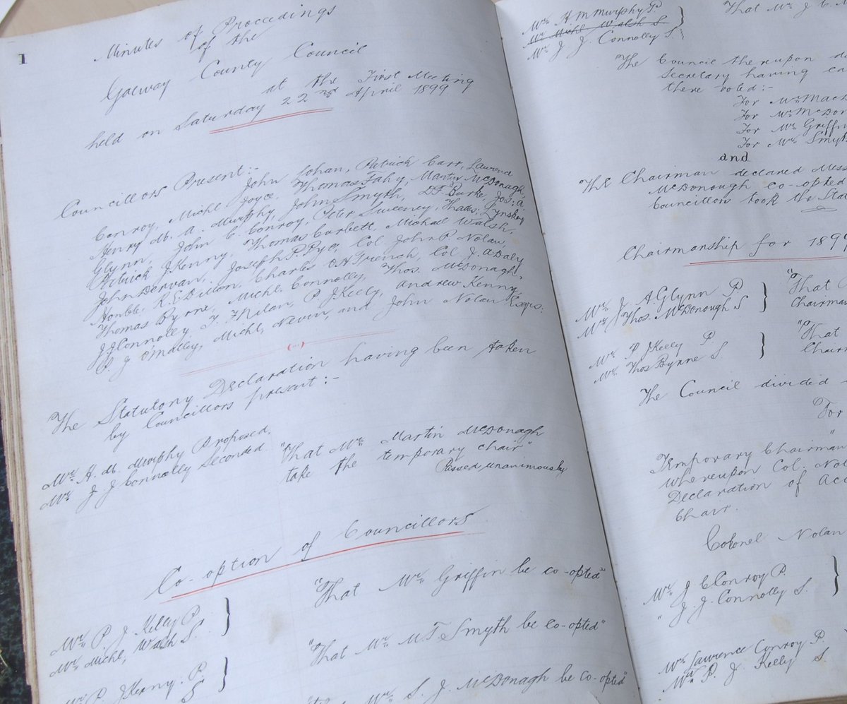 From the #Archives:  The inaugural meeting of Galway County Council was held on this day 125 years ago, 22 April 1899; John P Nolan was its first Chairman. The Council minutes from 1899 to 2014 are available free @ galway.ie/digitalarchives  #EYA #history @GalwayCoCo