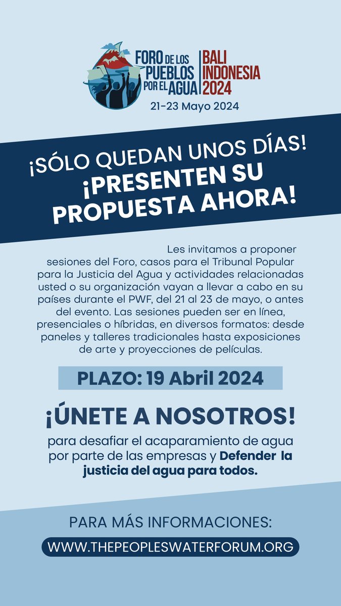 Hoy finaliza el plazo para presentar propuestas de actos al Foro de los Pueblos por el Agua! Se puede elegir entre varios formatos: desde paneles, talleres y debates, hasta exposiciones fotográficas o artísticas, actuaciones musicales o teatrales y proyecciones de películas.