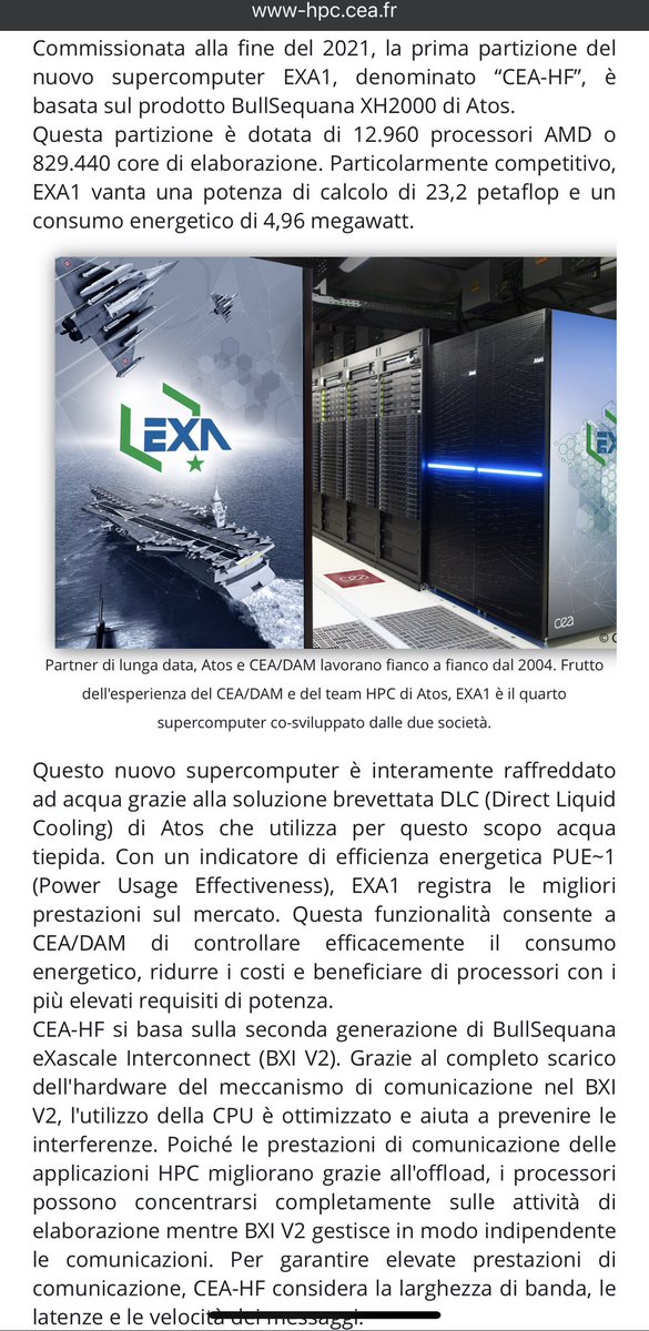 #nucleare #supercomputer Francia: la branca MILITARE del CEA ha fatto partire l’upgrade HE del suo supercomputer a basso consumo HF, moltiplicando per 4 le sue prestazioni (~100 Pflops) per simulazioni militari (testate nucleari). Circa 20 MW di potenza usinenouvelle.com/editorial/le-c…