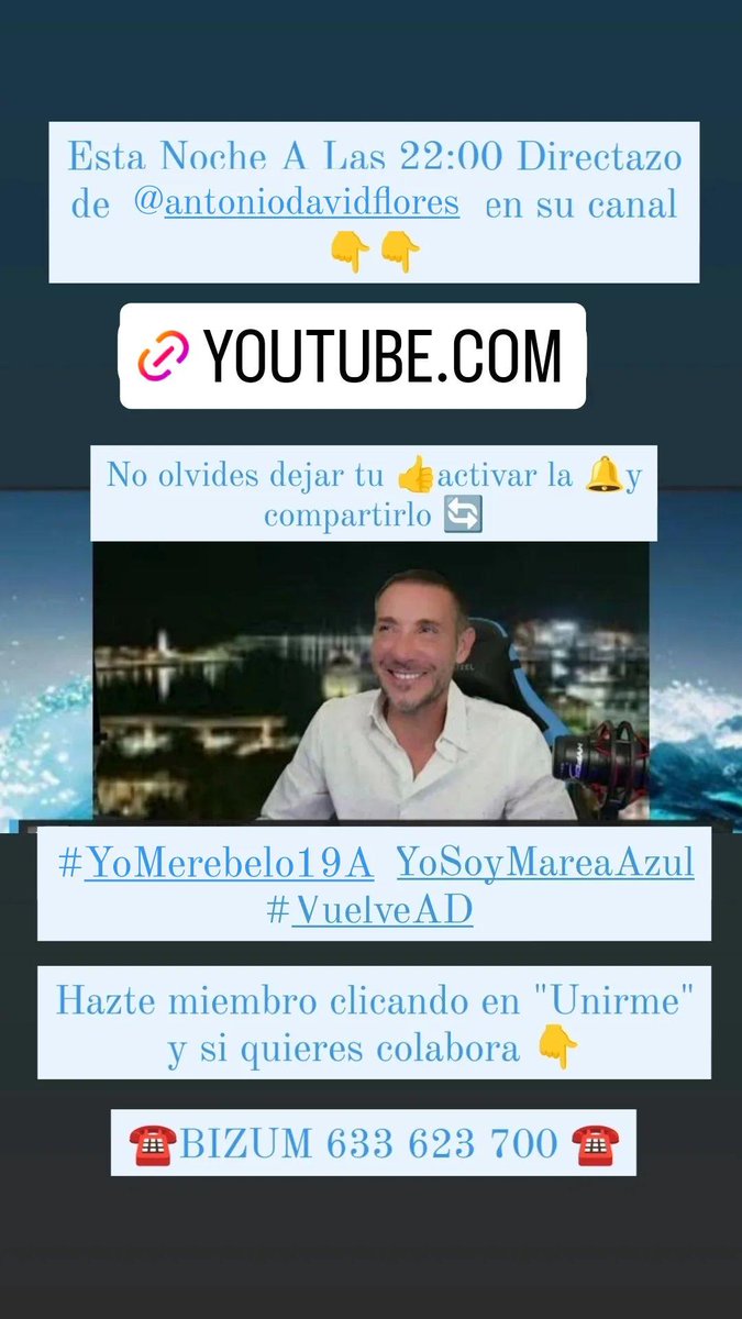 #YoMeRebelo19A #YoSoyMareaAzul #VuelveAD💙ATENCIÓN💙Esta noche a las 22:00 horas tenemos cita en el canal de @adavidflores 👇👇👇 youtube.com/live/aOeX-0wHR…