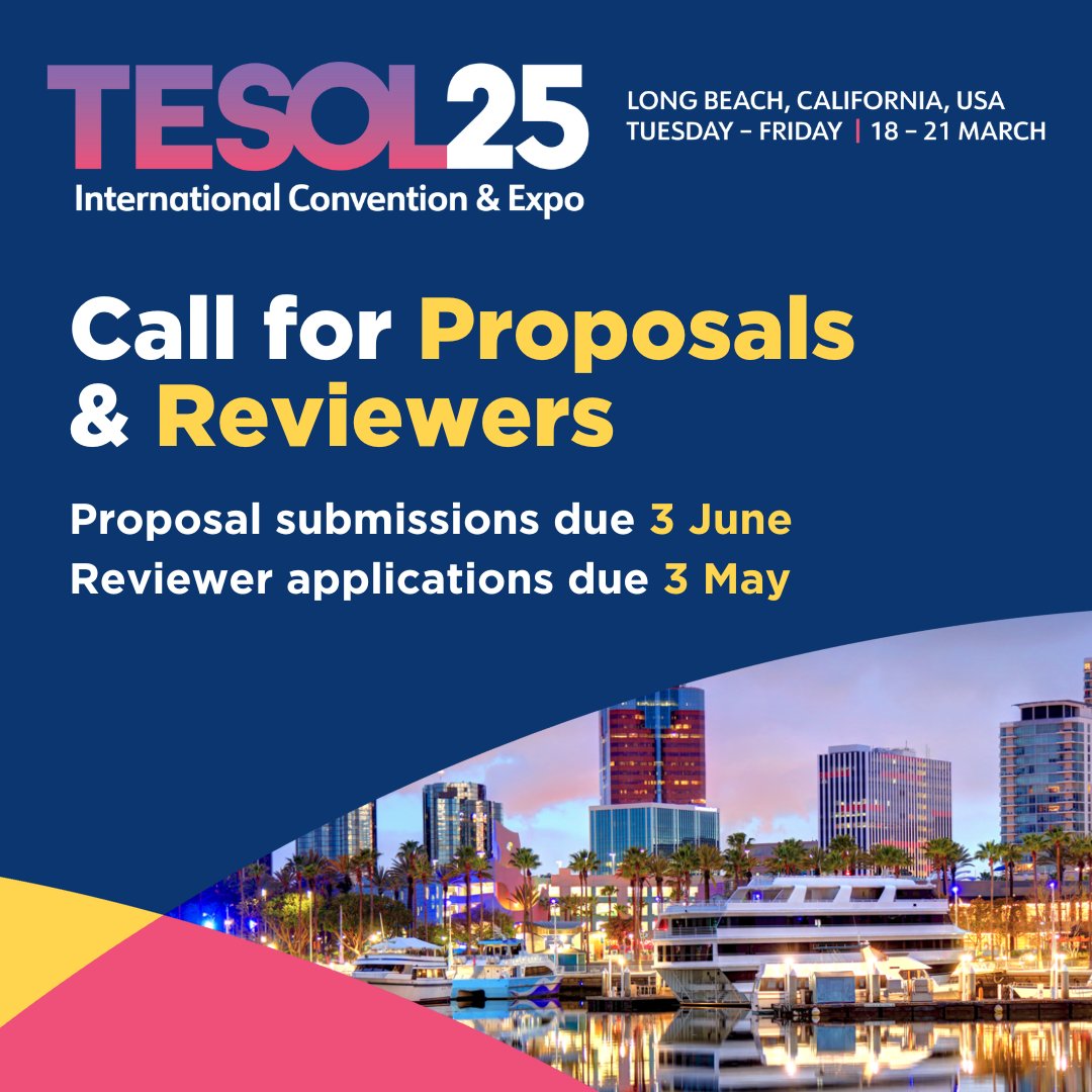 We're inviting #ELT professionals and those in a related field or content area to apply to present sessions and Preconvention Institutes (PCIs) at the #TESOL2025 International Convention & Expo in Long Beach, California, USA, on 18-21 March! 🧡