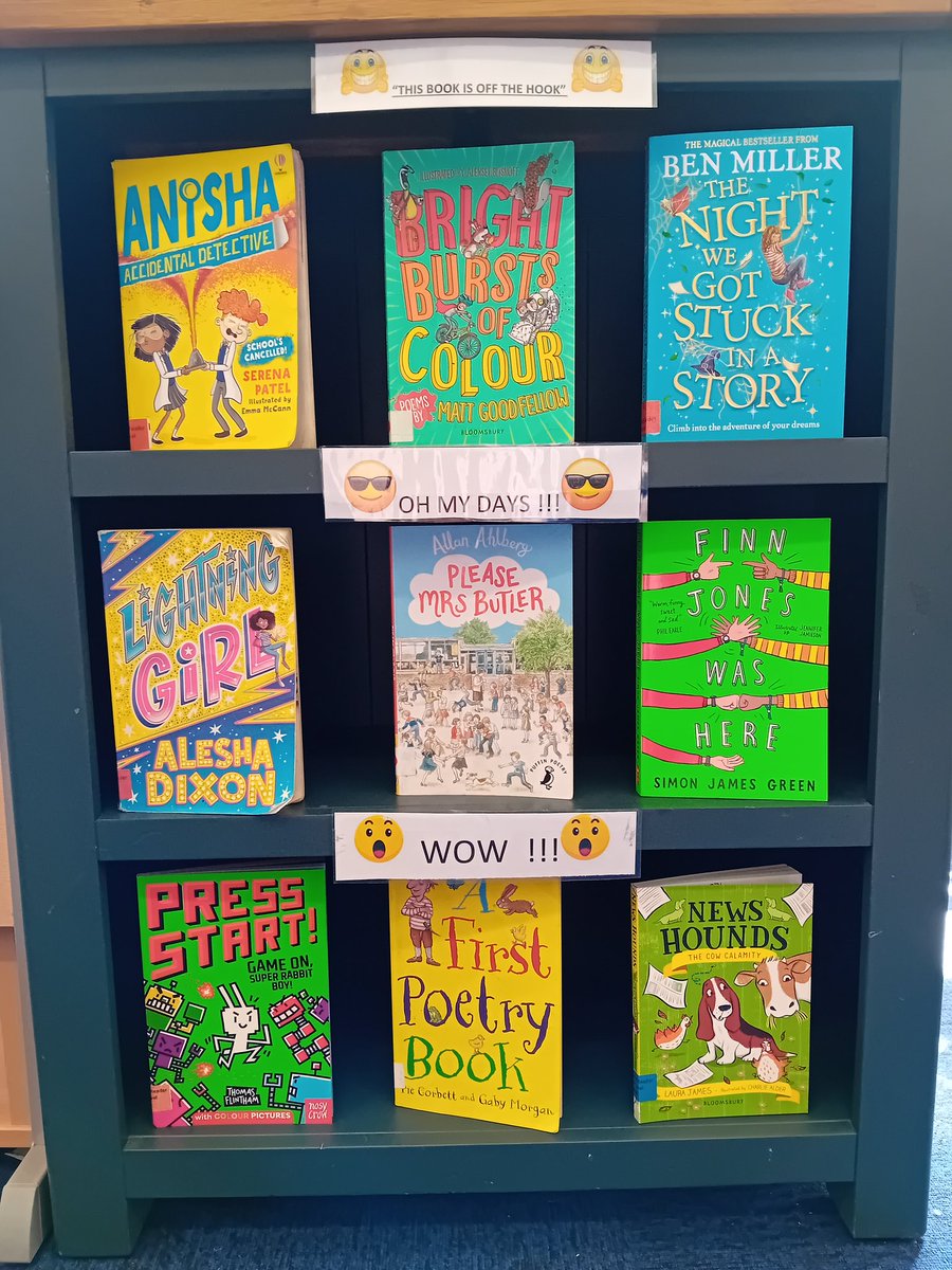 Children @HazelSchool with the help of my 4 Year 5 assistant librarians. Check out the Bookcase for their selection of This Book is off the Hook, Oh My Days & Wow choices. @SerenaKPatel, @AleshaOfficial, @simonjamesgreen, @PieCorbett, @peaplanter, @thomasflintham. Get a good book