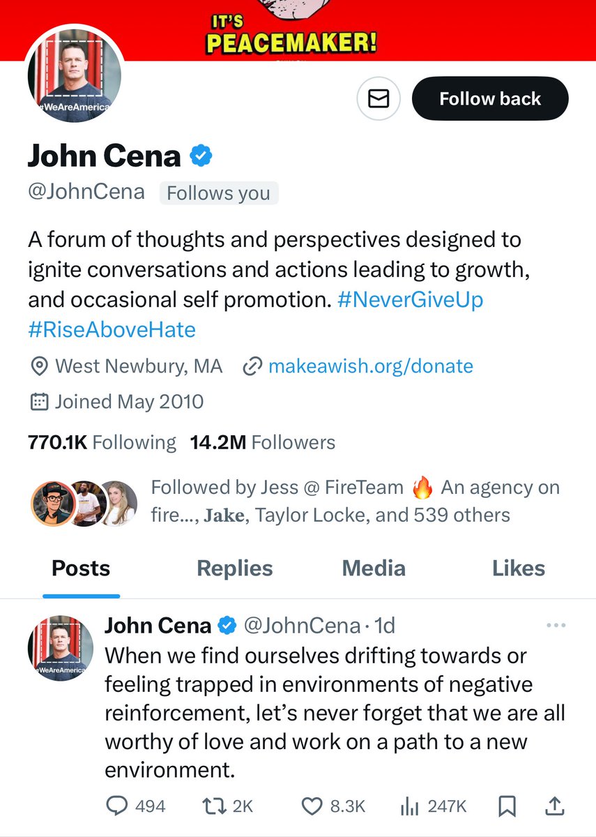 I need to know who is John cena’s social media person and why / how they’ve chosen to follow 770,000 people on @x