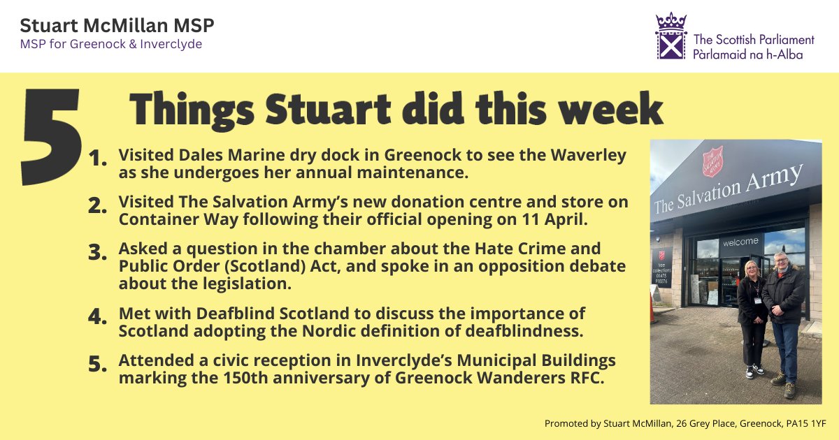 Here's this week's 🖐 things which includes: 🛠 @PS_Waverley & @DalesMarine1 🤝 Salvation Army Donation Centre Greenock 💬 Question & speech in the chamber on the #HateCrimeAct 🔇 @dbscotland 🏉 @GWRFC_Official