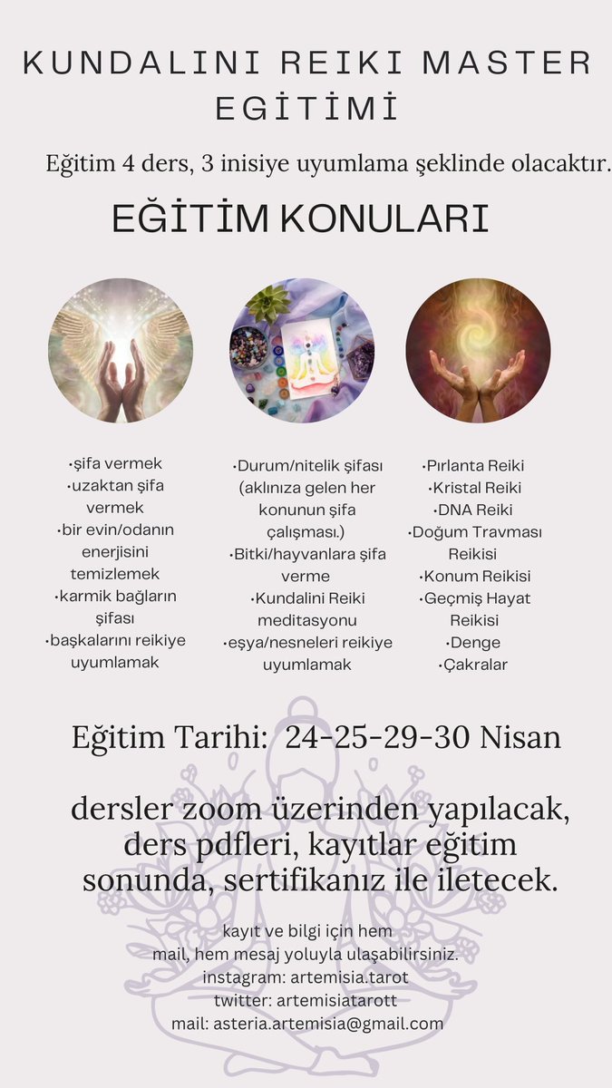 Kundalini Reiki Master Eğitimi✨ 

Bu eğitimin sonunda sertifikalı uygulayıcı/eğitmen olup hem kendinize hem başkalarına şifa çalışması yapabileceksiniz. Reikinin her noktasını en detaylı ve doğru şekilde öğrenmeye hazırsanız bu yolda sizinleyim🙏🏻

Kontenjanlar sınırlı, bilgi ve