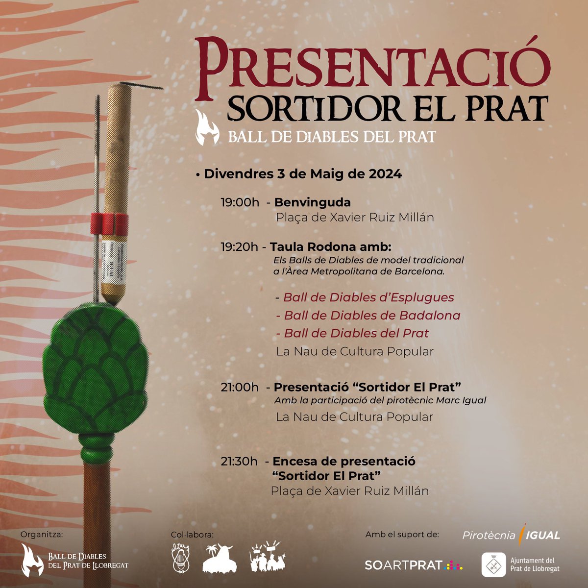 BallDiablesPrat's tweet photo. 🗓️ Divendres 3 de maig tindrem el plaer de presentar-vos el nou "Sortidor El Prat" de la mà de Pirotècnia Igual🔥

📝 El Ball de Diables de Esplugues i el Ball de Diables de Badalona ens acompanyaran a la taula rodona on es parlarà de https://t.co/1ewB0OEVAb