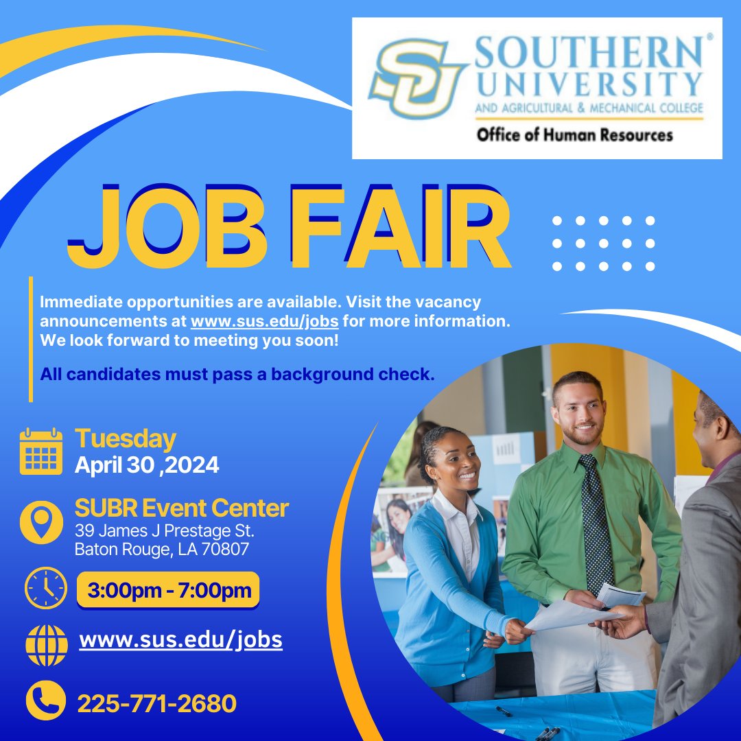 SU Human Resources will host a #JobFair on campus on Tuesday, April 30 at 3-7 p.m. For a list of positions and to apply online, go to sus.edu/jobs. #WeAreSouthern #NowHiring