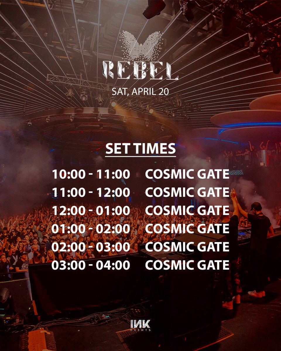 . #Toronto 🇨🇦 here are your set times! #opentoclose Let’s do this! 🙌🏻🙌🏻 @rebel_toronto @INKEvents tickets ticketweb.ca/event/cosmic-g…