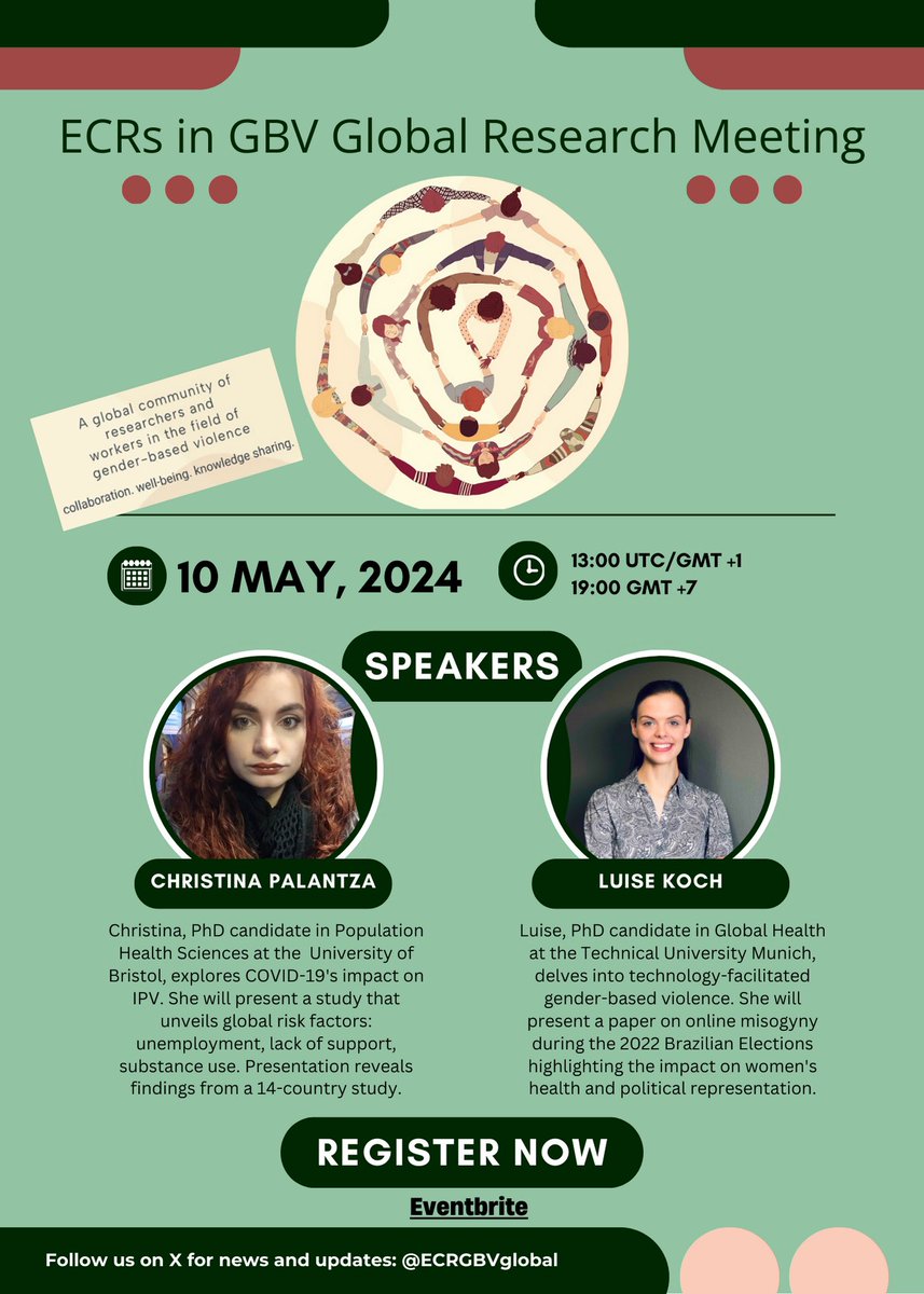 Join us for our next global community research meeting on the 10th of May! Christina Palantza will be presenting her research on #COVID19 and #IPV and @_LuiseKoch will be presenting her work on #TFGBV against female political candidates! Find more information below ⬇️