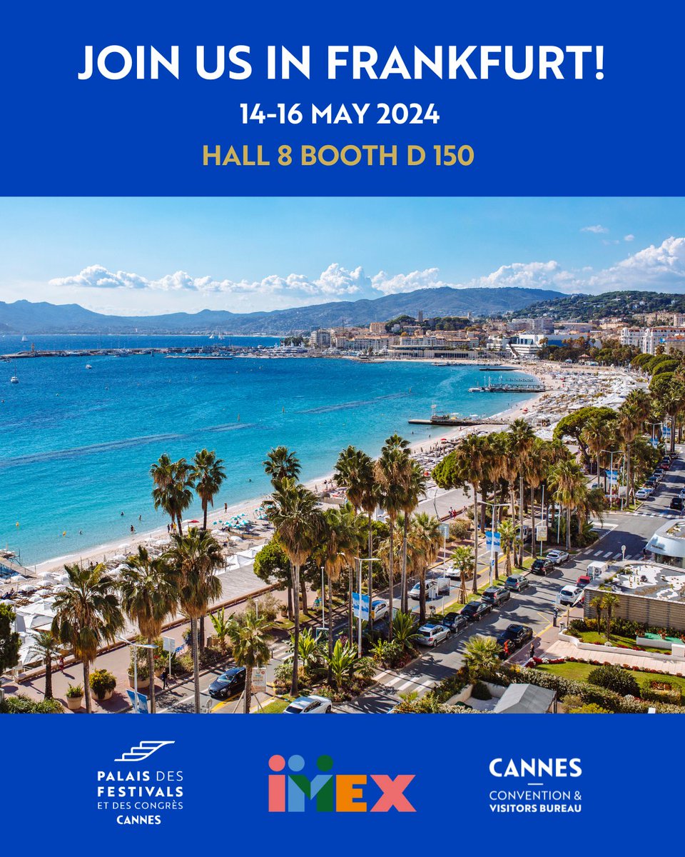 From Cannes 🇫🇷 to Frankfurt 🇩🇪 : meet us at @IMEX_Group ! The Cannes Convention Bureau & Palais des Festivals et des Congrès de Cannes will be attending the IMEX 2024 on the @atout_france's corner. Our great team will be glad to meet you there, and share our latest news and…