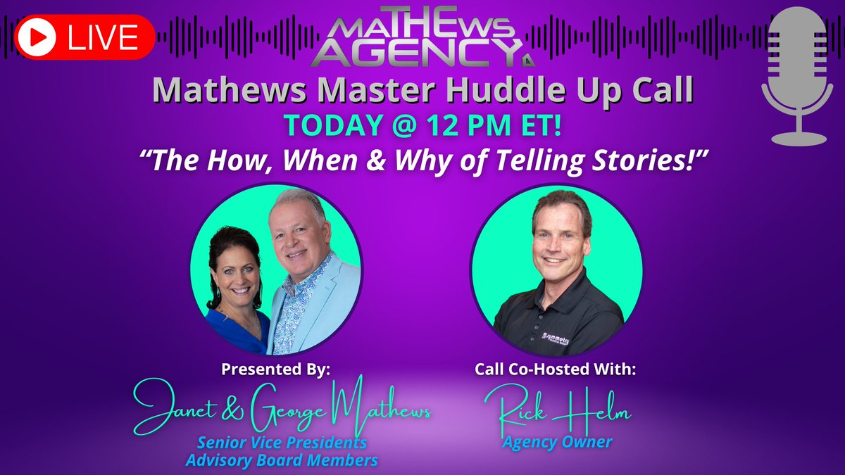 💥 We're FIRED UP to hear from AO Rick Helm today on the Mathews Noon Huddle Up Call! 🚀

✨ 'The How, When & Why of Telling Stories!' 📖🗨️

#TheMathewsAgency #SFGLife #QuilityInsurance #StoryTelling #IndustryExperts #TeamCall #BusinessOwners