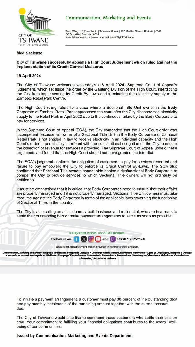 CityTshwane's tweet photo. City of Tshwane successfully appeals a High Court Judgement which ruled against the implementation of its Credit Control Measures https://t.co/yt6RD16zUQ