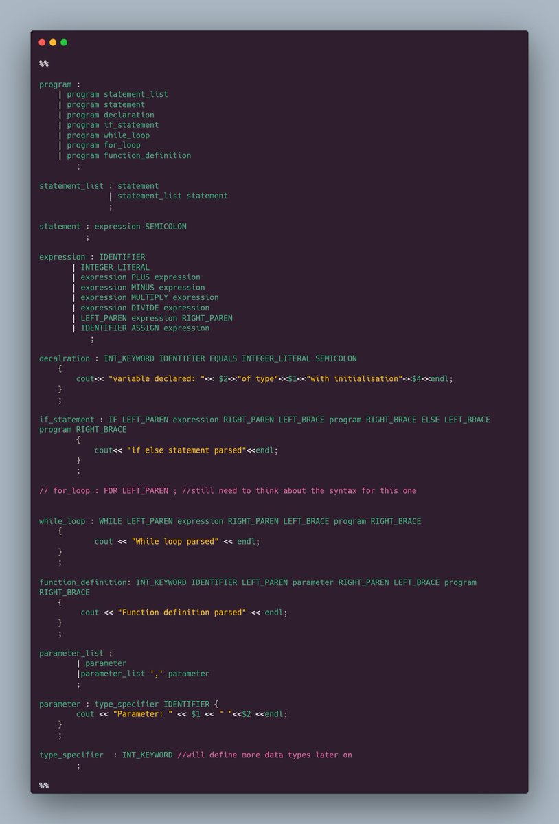 working with grammar part for my compiler ( is somewhat  fun ngl !)

#cplusplus #SoftwareDevelopment #SoftwareEngineer
#parser #Linux #100xDevs