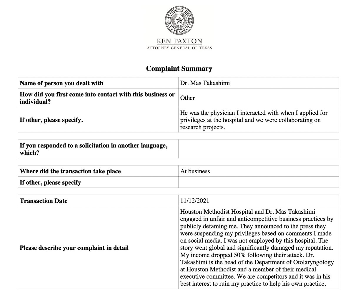 Complaint submitted to @KenPaxtonTX against my competitor Dr. Mas Takashimi @otohns and @MethodistHosp for engaging in unfair anticompetitive business practices. Dr. Takashimi & Methodist Hospital caused significant damage to my reputation and income when they launched an online