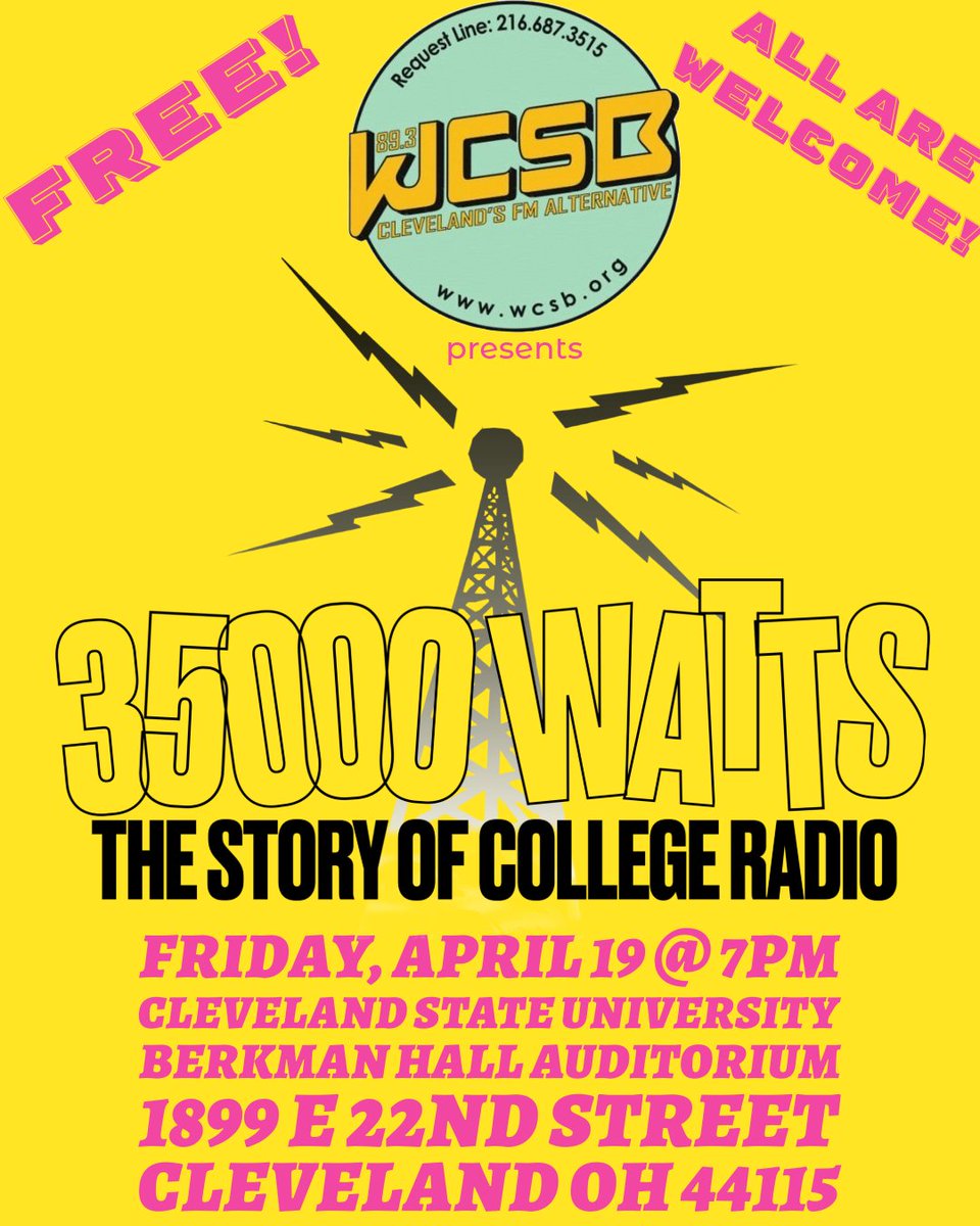 Please join us tonight for a free, public screening of @35000watts at 7pm in @CLE_State's Berkman Hall Auditorium. We'll have free stuff and snacks for attendees, plus many of your favorite WCSB DJs will be there, ready to mingle. Come hang out! RSVP: facebook.com/events/7550085…