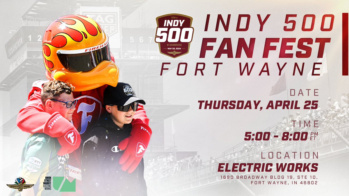 🗣️Calling all Fort Wayne Fans! The #Indy500 Fan Fest is hitting the road and coming to YOU this Thursday! Be sure to visit us at Electric Works from 5-8 p.m. for cool activations, good vibes and great fun. #INDYCAR | #IsItMayYet?
