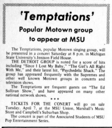 We're fired up for #MichiganHistoryDay! Looking back through #TurningPointsInHistory in Michigan, the founding of Motown was a big one. A popular Motown band, The Temptations, stopped at Michigan State University to perform a concert on April 18, 1970! @MIHistoryDay