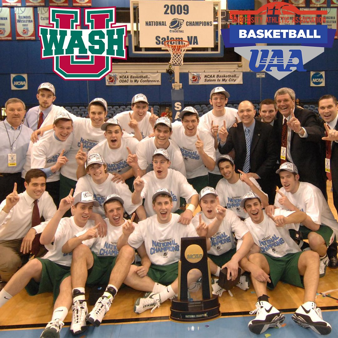 UAA History: 2009 Washington University Men's Basketball. WashU became the fourth men's basketball team to repeat as NCAA champions with a 61-52 win over Richard Stockton. Tyler Nading scored 20 points, and Sean Wallis added 16 points and 10 assists.
