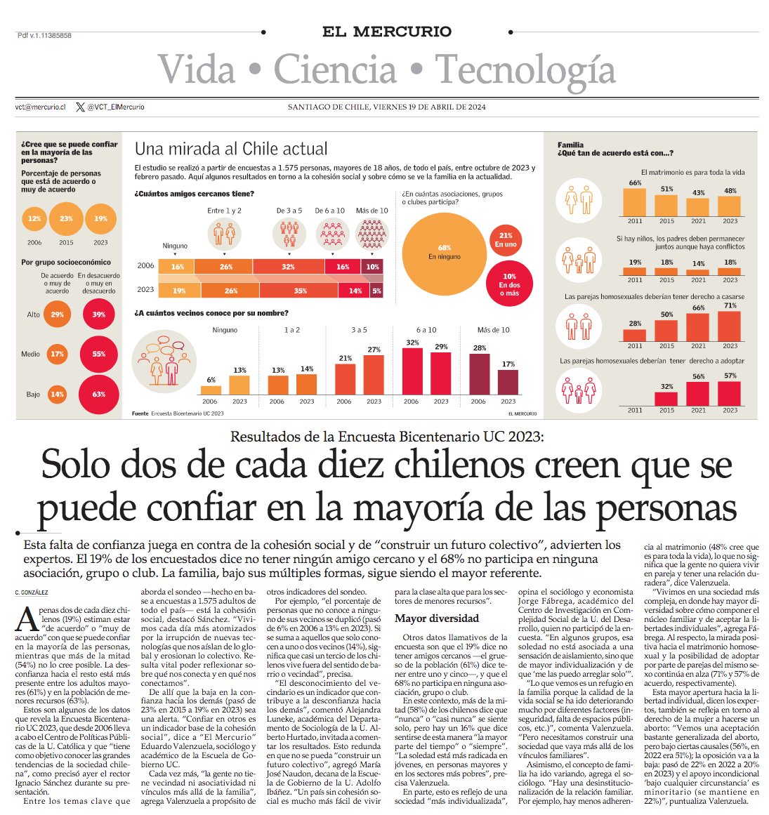 Solo dos de cada diez chilenos creen que se puede confiar en la mayoría de las personas. #VCTElMercurio shorturl.at/cwNQY