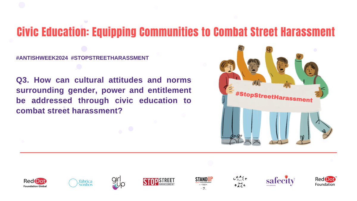 3. How can cultural attitudes and norms surrounding gender, power & entitlement be addressed through civic education to combat street harassment?
- You can tweet your answers with the question number (e.g. A1, A2, A3)
- Use the hashtag #AntiSHWeek2024
#Safecity  #RedDotFoundation