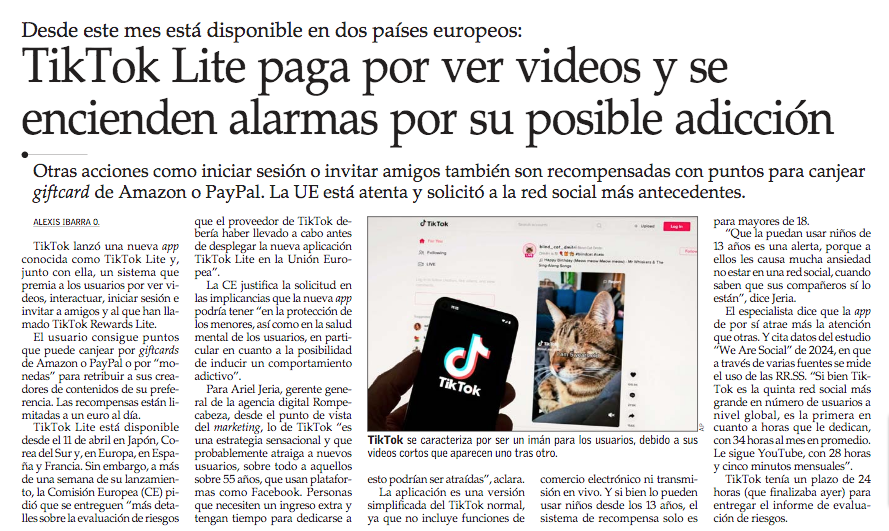 TikTok Lite paga por ver videos y se encienden las alarmas por su posible adicción. #VCTElMercurio shorturl.at/cwNQY