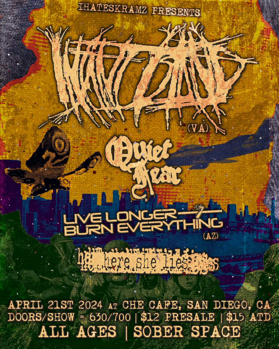 BIG SCREAMO MONEY WEEKEND™ is upon us!

4/20 - Tempe AZ: <a href="/meth_band/">meth.</a> <a href="/dreamwellri/">Dreamwell</a> <a href="/infantisland/">Infant Island</a> <a href="/acnc_az/">𝙰 𝙲𝙾𝙽𝚃𝙸𝙽𝙴𝙽𝚃 𝙽𝙰𝙼𝙴𝙳 𝙲𝙾𝙼𝙰</a> and journal

4/21 - San Diego, CA: <a href="/infantisland/">Infant Island</a> <a href="/quietfearband/">quiet fear</a> <a href="/LLBE_az/">Live Longer Burn Everything</a> and hereshelies

who'm i seein?
