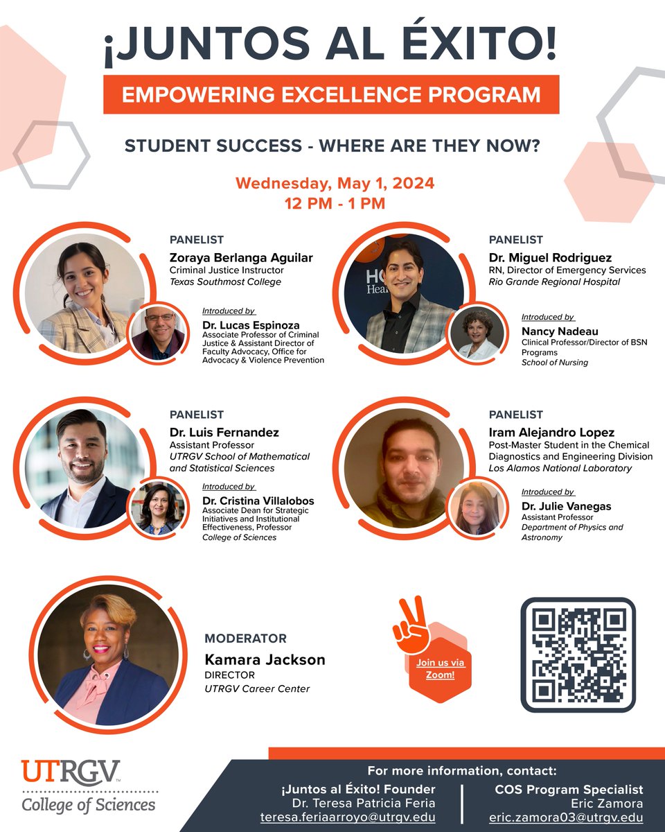 Join us for our upcoming ¡Juntos al Éxito! Student Success session on Wednesday, May 1st where we'll spotlight the remarkable achievements of our outstanding UTRGV alumni! 🌟

Save the date and let's celebrate success together! 📷