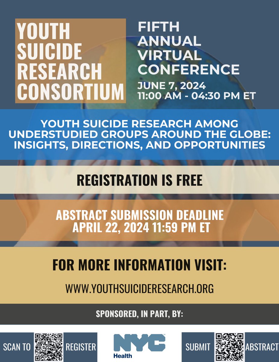 Great to hear @DrSeanJoe at the Suicide Research Symposium call for greater investment in suicide consortia focused on underrepresented populations, including younger oes. We have one such consortium -- @youthsuicideres. And our conference is coming up in June; just saying...