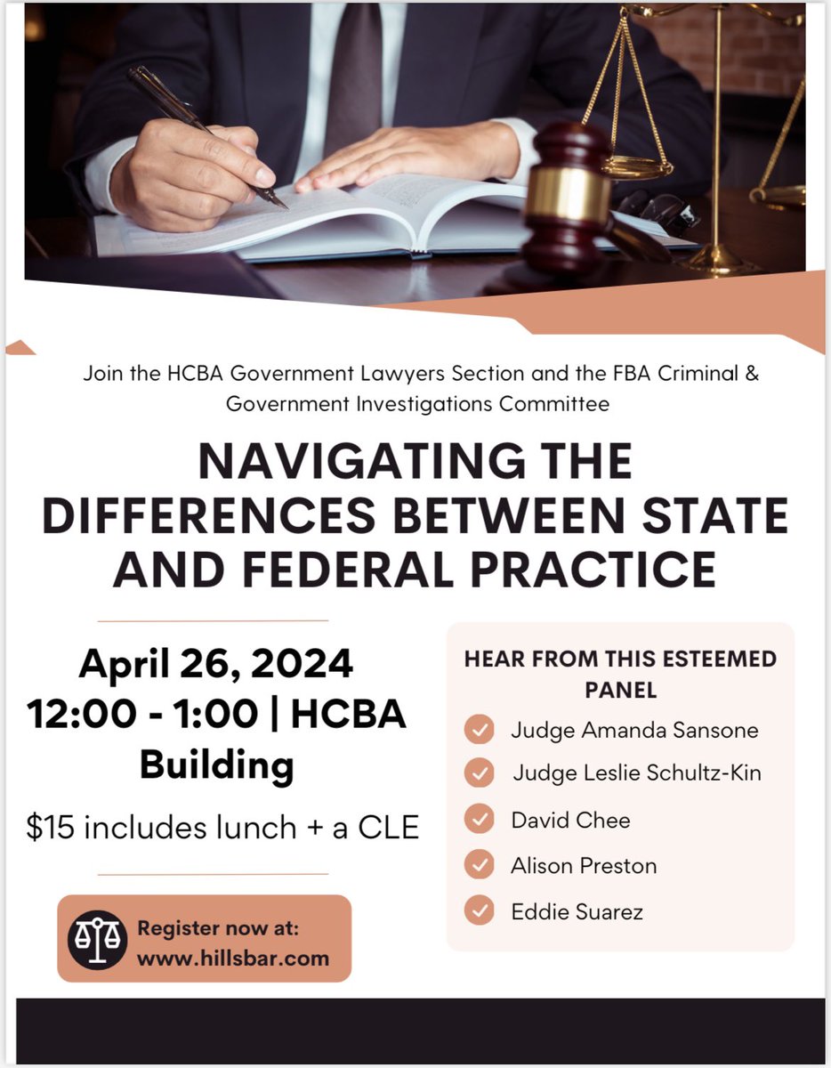 Next week, on April 26, 2024, join the HCBA Government Lawyers Section and the FBA Criminal &amp; Government Investigations Committee for a CLE program, from 12:00 PM to 1:00 PM, entitled “Navigating the Differences Between State and Federal Practice.”