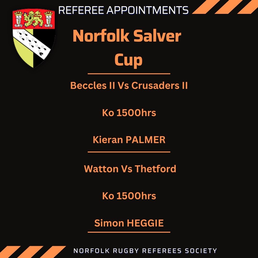 Tomorrows cup appointments. Good luck to all in the next round. 

#Norfolkrefs #keepyourbootson #NRURS #Norfolkbigrugbyweekend