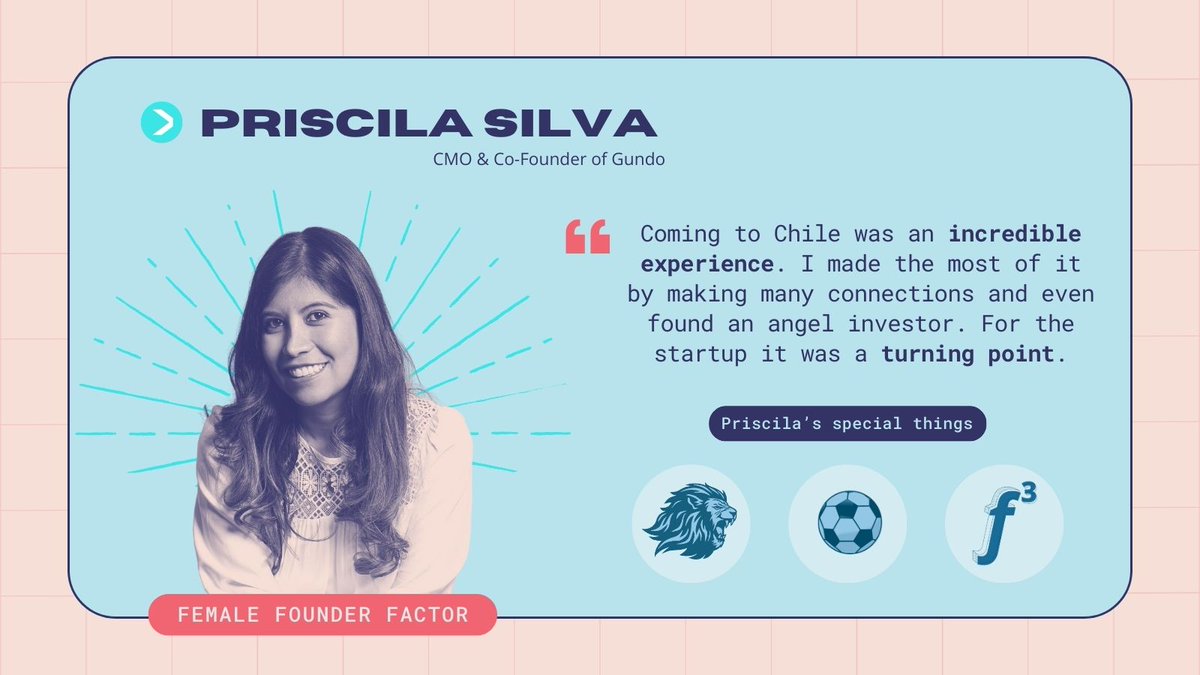 startupchile's tweet photo. #FemaleFounderFactor | We want you to meet another one of our female innovators, Priscila Silva, Team Leader and CMO of  @GundoApp (Build 4), who talked with us about topics such as challenges for women and the ecosystem, the SUP community, and lion bites. https://t.co/vGwtHBTDeW