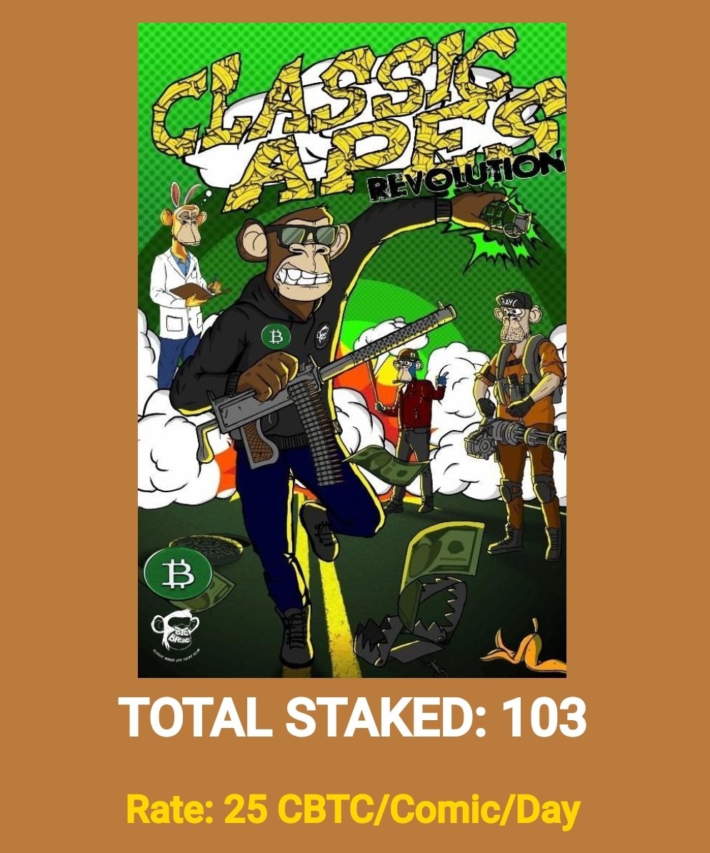 Hello #etcarmy #etc community, Do to the successful launch of @EtcClassicApes Comic Stake with @BITCOINClassic0 , we are increasing the yield to 25 $CBTC per comic per day! Minting is still available for comics classicapes.com/comicbook Stake etcbayccomicstaking.vercel.app #staking