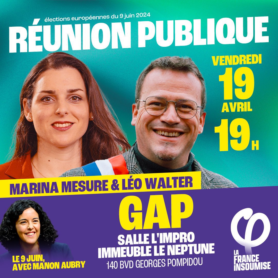 📌 C’est ce soir ! On se retrouve à 19h, salle « L’Impro » à #Gap. 🔥 Nous y lancerons officiellement la campagne de l’#UnionPopulaire dans le 05 avec @MarinaMesure, eurodéputée sortante de @DFIeurope et du groupe @Left_EU. ✊ Le 9 juin, donnons-nous la force de tout changer !
