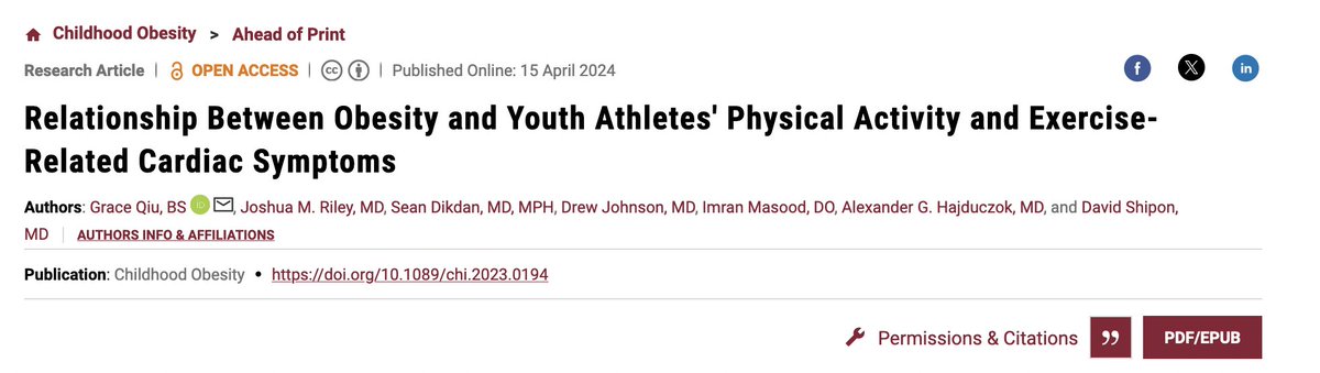 ChildObesity_jn's tweet photo. Relationship Between Obesity and Youth Athletes' Physical Activity and Exercise-Related Cardiac Symptoms, published in @ChildObesity_jn 

Lead author: @graceqiu_ 

Link to pub: https://t.co/zayByoOpKM https://t.co/vqOO8hurgy