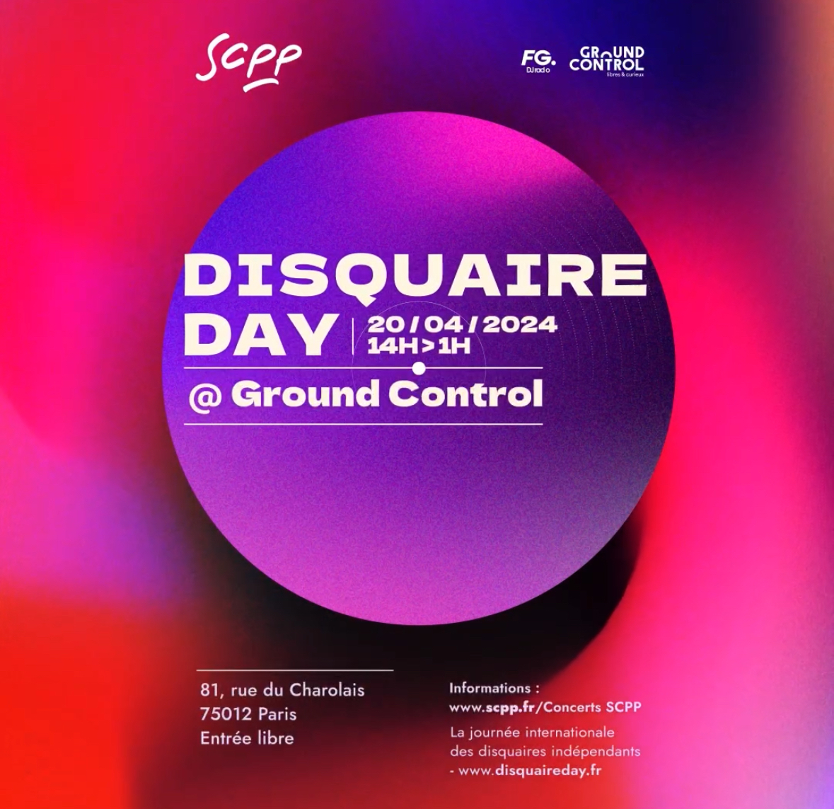 📷 Retrouvez nous demain, samedi 27 avril à partir de 14h, au @groundcontrolparis pour le Marché des Labels Indépendants à l’occasion du @disquaireday 📷 Au programme : conférences, concerts, DJ sets et ventes de vinyles avec plus de 70 labels présents.