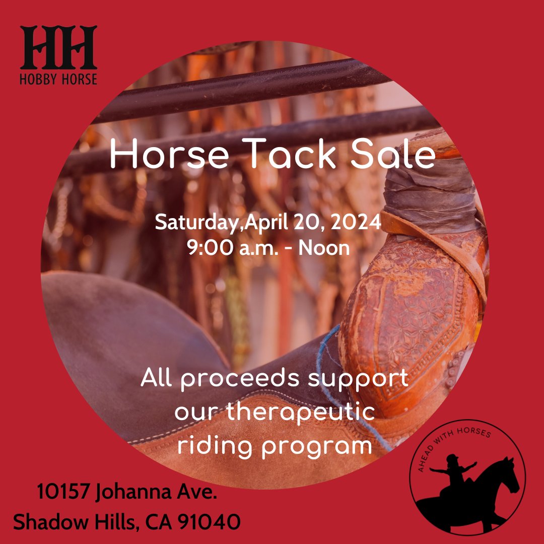 Don't forget our Tack Sale is tomorrow, Saturday 4/20/24 from 9am-noon! We hope to see you there.

 #AheadWithHorses #TackSale #ShopForACause #GreatDeals #HorseTack