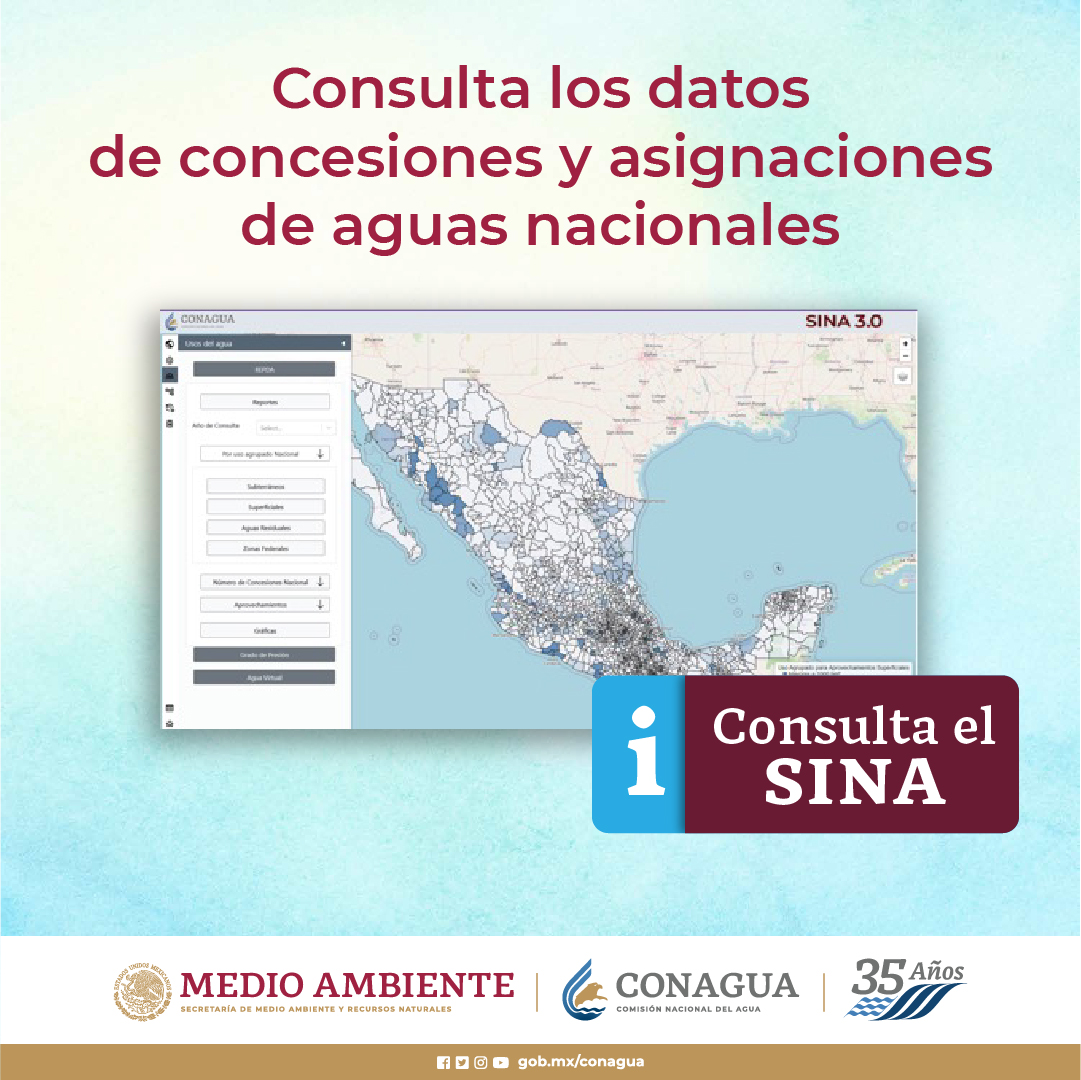 conagua_mx's tweet photo. #SabíasQue...
En el portal del #SINA puedes consultar datos de concesiones y asignaciones de aguas nacionales, permisos de descargas e información de concesiones de zonas federales inscritas en el #REPDA:
https://t.co/2J7oDFZyfE https://t.co/IJGOjCvbc2