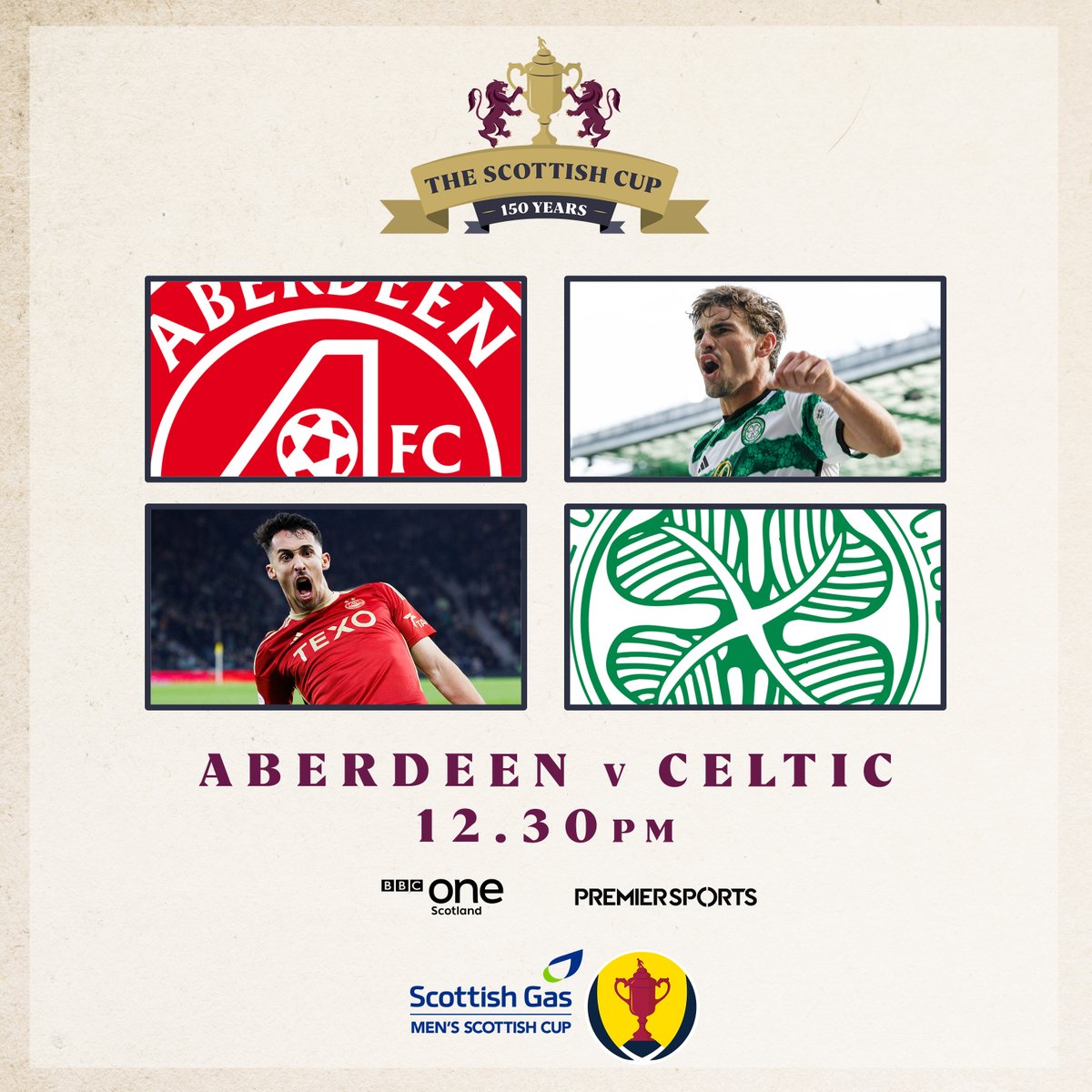 Your @scottishgas Men's Scottish Cup Semi-Final weekend starts today 🙌 🆚 @AberdeenFC v @CelticFC 🏆 Semi-Finals ⏰ 12.30pm 🏟️ @HampdenPark 📺 Live on @BBCOne Scotland & @PremSportsTV ➡️ Preview: scotfa.co/abdcelprv #ScottishCup